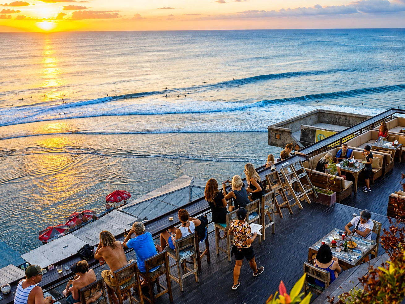 Sunset and ocean views from restaurants near Blue Point Beach Uluwatu
